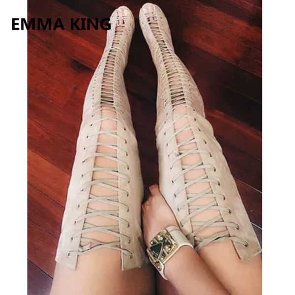 

new cross-tied women summer over the knee boots peep toe ladies thin high heel shoes woman hollow gladiator sandals boots, Black