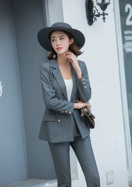 women striped pant suits office lady uniform rivet jacket blazer & high waist ankle-length pant femme outfit terno feminino, White;black
women striped pant suits office lady uniform rivet jacket blazer & high waist ankle-length pant femme outfit terno feminino, White;black