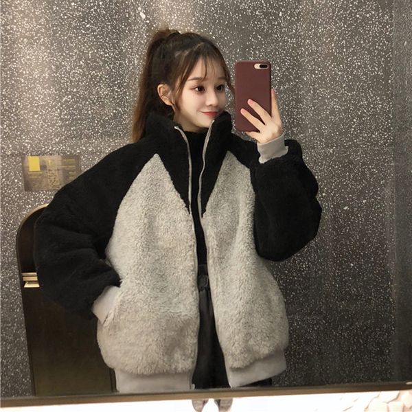 women's winter clothing korean new color matching imitation lamb hair coat thick loose long-sleeved jacket women's parkas ml255, Black
women's winter clothing korean new color matching imitation lamb hair coat thick loose long-sleeved jacket women's parkas ml255, Black