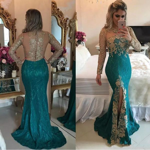 vintage lace mermaid prom dresses long sleeve gold lace applique side split party wear formal evening gowns, Black;red
vintage lace mermaid prom dresses long sleeve gold lace applique side split party wear formal evening gowns, Black;red