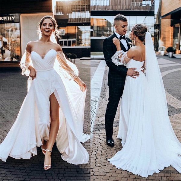boho high-split wedding dresses appliqued lace a-line bridal dress sweetheart long sleeve sweep train custom made vestidos de novia sale, White
boho high-split wedding dresses appliqued lace a-line bridal dress sweetheart long sleeve sweep train custom made vestidos de novia sale, White