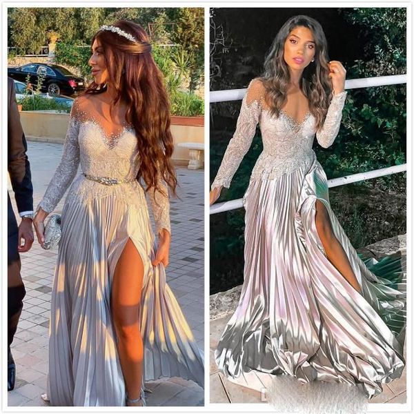 arabic silver prom dresses long sleeves illusion lace applique crystal beaded side slit a line ruched pleats custom made evening party gowns, Black
arabic silver prom dresses long sleeves illusion lace applique crystal beaded side slit a line ruched pleats custom made evening party gowns, Black