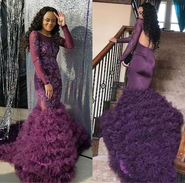 purple african mermaid prom dresses lace applique beads long sleeves backless formal evening gown ruffles tiered skirts formal party dress, Black
purple african mermaid prom dresses lace applique beads long sleeves backless formal evening gown ruffles tiered skirts formal party dress, Black