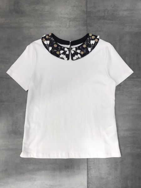 2019 new ladies fashion short-sleeved casual beads chain stitching t-shirt 0509, White
2019 new ladies fashion short-sleeved casual beads chain stitching t-shirt 0509, White