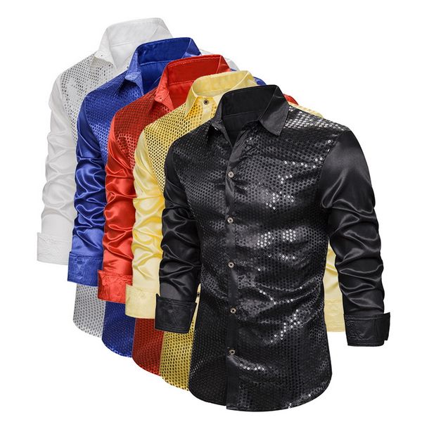 men's shirt luxury sequin glitter shirts new long sleeve silk satin shiny disco party shirt men stage dance prom costume, White;black
men's shirt luxury sequin glitter shirts new long sleeve silk satin shiny disco party shirt men stage dance prom costume, White;black