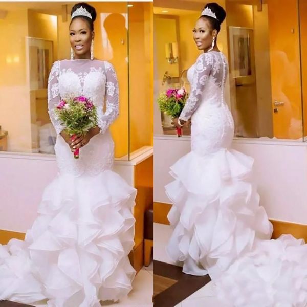 muslim mermaid wedding dresses plus size sheer neck lace ruffles organza tiered skirt long sleeve african bridal dress vestido de noiva, White
muslim mermaid wedding dresses plus size sheer neck lace ruffles organza tiered skirt long sleeve african bridal dress vestido de noiva, White