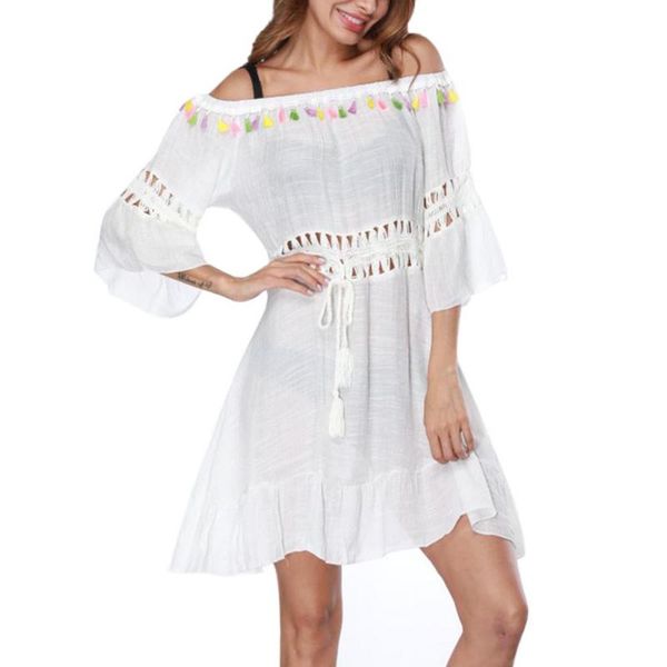 hot sale women loose neck slash with sash sundress cotton arrival ruffle linen solid hollow short out new t-shirts, White
hot sale women loose neck slash with sash sundress cotton arrival ruffle linen solid hollow short out new t-shirts, White
