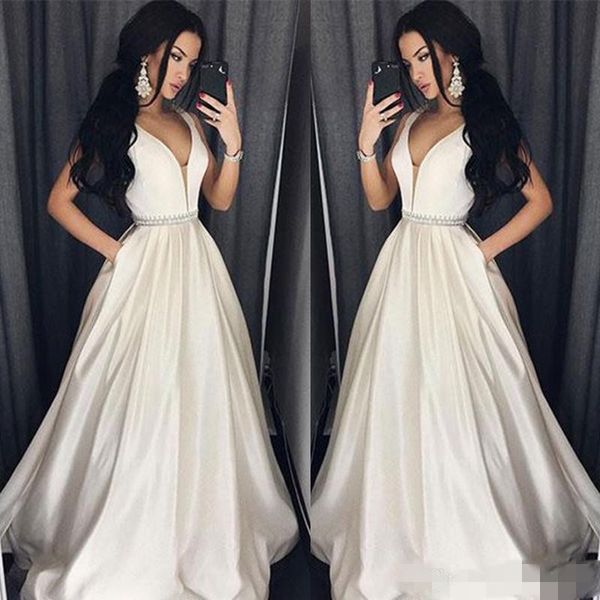 2019 v neck prom dresses pearls beaded satin sleeveless sweep train custom made formal occasion wear evening party gowns, Black
2019 v neck prom dresses pearls beaded satin sleeveless sweep train custom made formal occasion wear evening party gowns, Black