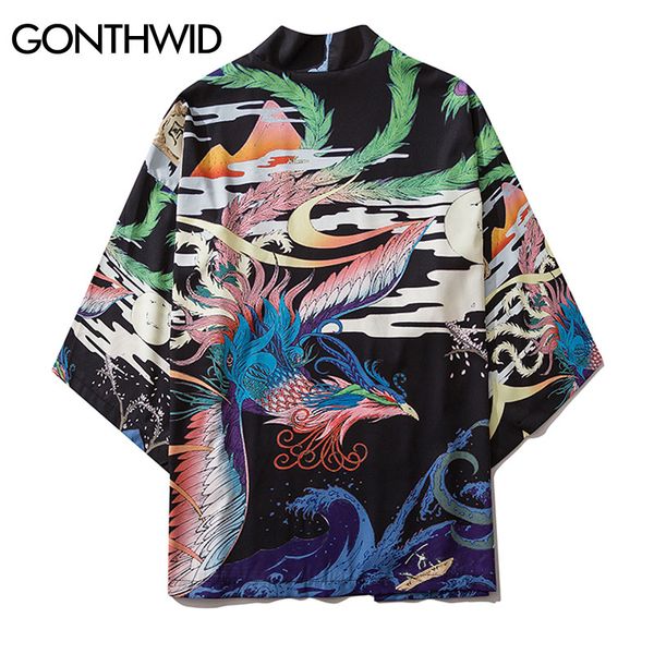 gonthwid phoenix printed fashion men japanese kimono cardigan shirts streetwear hip hop harajuku casual summer jacket coats, Black;brown 
gonthwid phoenix printed fashion men japanese kimono cardigan shirts streetwear hip hop harajuku casual summer jacket coats, Black;brown