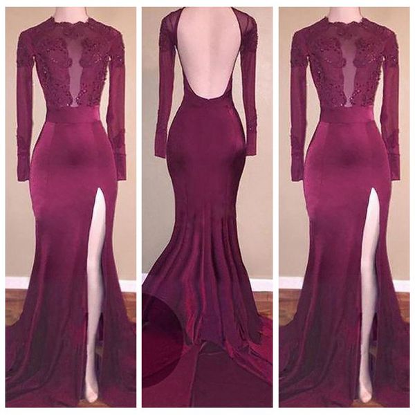 high neck long sleeve party dresses lace appliques sequins burgundy prom dress mermaid high slit backless prom gowns with sweep train, Black
high neck long sleeve party dresses lace appliques sequins burgundy prom dress mermaid high slit backless prom gowns with sweep train, Black