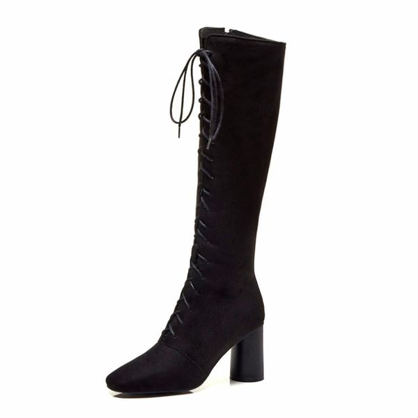 women's suede fashion lace-up knee high boots chunky heel shoe big size 34-48, Black
women's suede fashion lace-up knee high boots chunky heel shoe big size 34-48, Black