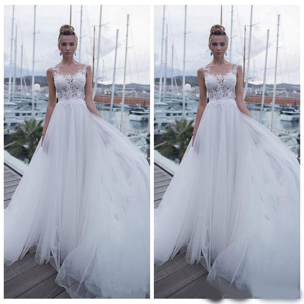 2020 sheer lace appliques a-line tulle wedding dresses customized sleeveless bridal gowns customized vestidos de mariee spring, White
2020 sheer lace appliques a-line tulle wedding dresses customized sleeveless bridal gowns customized vestidos de mariee spring, White