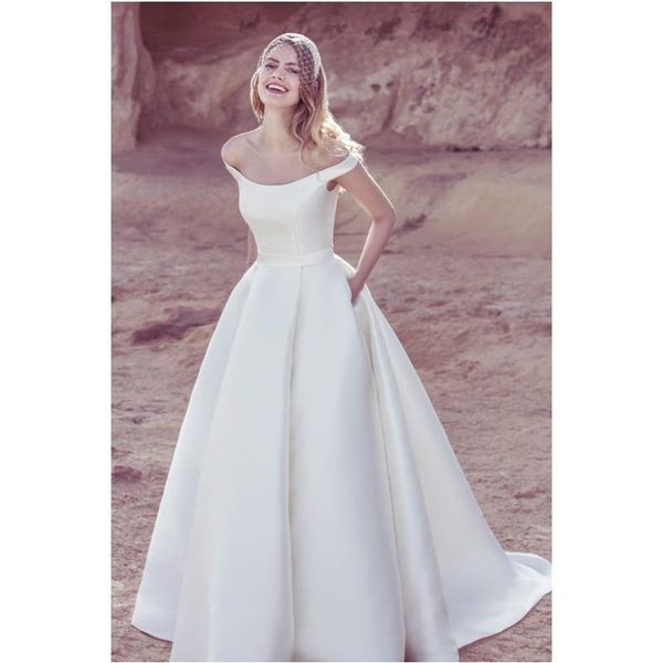 popular simple charming a-line off shoulder wedding dress satin bridal gown court train dress, White
popular simple charming a-line off shoulder wedding dress satin bridal gown court train dress, White