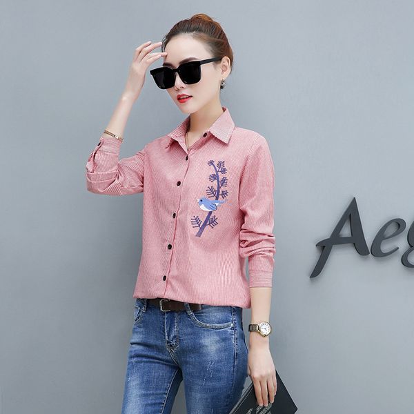 figure chun autumn shirt women's literature and art casual versatile birds embroidered stripes long-sleeve blouse, White
figure chun autumn shirt women's literature and art casual versatile birds embroidered stripes long-sleeve blouse, White