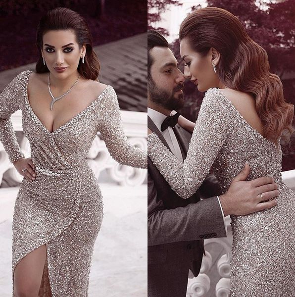 luxury sparkly mermaid prom dresses 2019 long sleeve sequins evening formal party gown deep v neck high slit pageant dress custom made, Black
luxury sparkly mermaid prom dresses 2019 long sleeve sequins evening formal party gown deep v neck high slit pageant dress custom made, Black