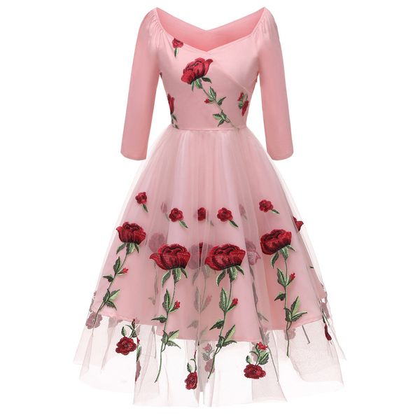2020 women's new elegant fashion rose embroidered dress vintage dress three colors available in a variety of sizes, White;black
2020 women's new elegant fashion rose embroidered dress vintage dress three colors available in a variety of sizes, White;black