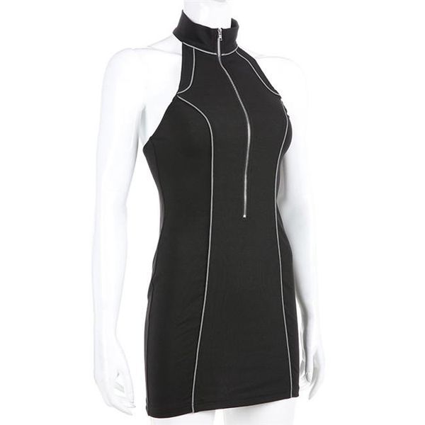 women reflective halter dress sleeveless o-neck dress skinny zipper designer women female fashion clothing, Black;gray
women reflective halter dress sleeveless o-neck dress skinny zipper designer women female fashion clothing, Black;gray