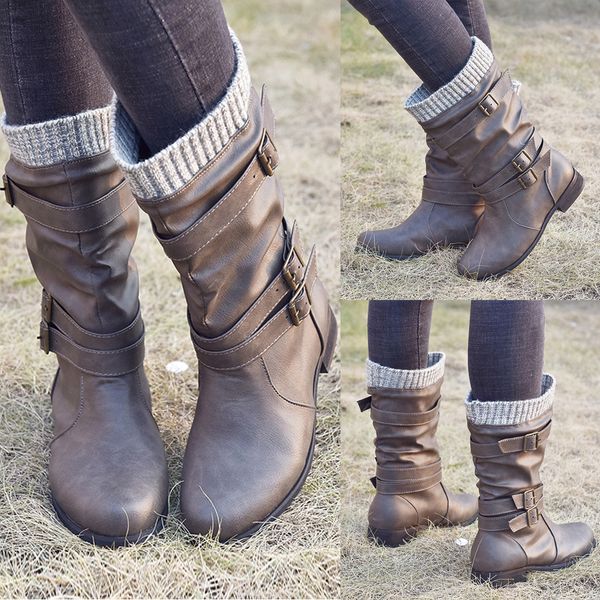 womens leather flats round toe low-heeled buckle strap western middle tube boots, Black
womens leather flats round toe low-heeled buckle strap western middle tube boots, Black