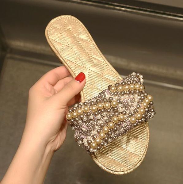 summer fashion design string beads women slippers flahin heel open toe outside women slides, Black
summer fashion design string beads women slippers flahin heel open toe outside women slides, Black