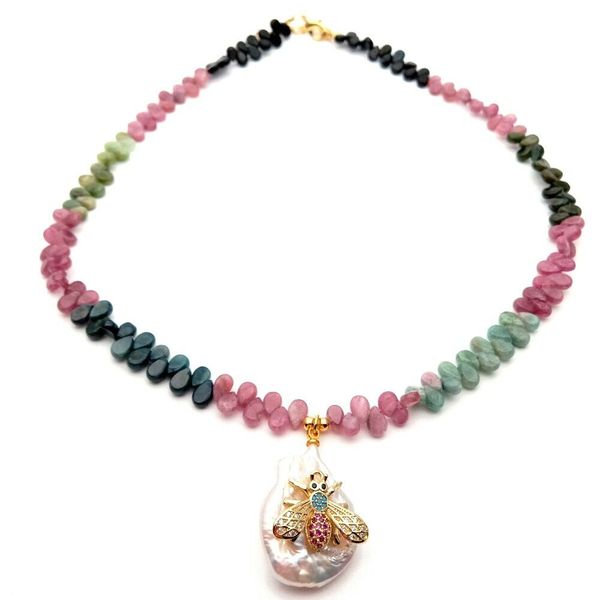 18" natural faceted teardrop colorful tourmaine necklace pearl insect pendant, Silver
18" natural faceted teardrop colorful tourmaine necklace pearl insect pendant, Silver