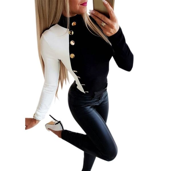 women long sleeve high collar ladies patchwork button slim clothes casual black and white fashion
women long sleeve high collar ladies patchwork button slim clothes casual black and white fashion