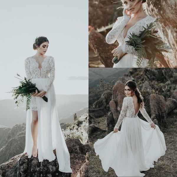 new arrival lace v neck long sleeve short wedding dresses backless chiffon a line beach boho wedding gowns with detachable train, White
new arrival lace v neck long sleeve short wedding dresses backless chiffon a line beach boho wedding gowns with detachable train, White