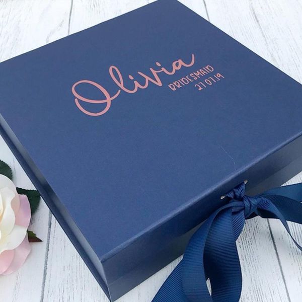 personalised navy and rose gold bridesmaid gift box, white custom bridal party thank you boxes with name role date and message
personalised navy and rose gold bridesmaid gift box, white custom bridal party thank you boxes with name role date and message