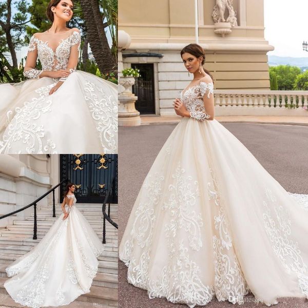 2019 Long Sleeves Ball Gowns Wedding Dress Modest Sheer Neckline Lace Appliques Bridal Gown Court Train Robe Mariage
2019 Long Sleeves Ball Gowns Wedding Dress Modest Sheer Neckline Lace Appliques Bridal Gown Court Train Robe Mariage