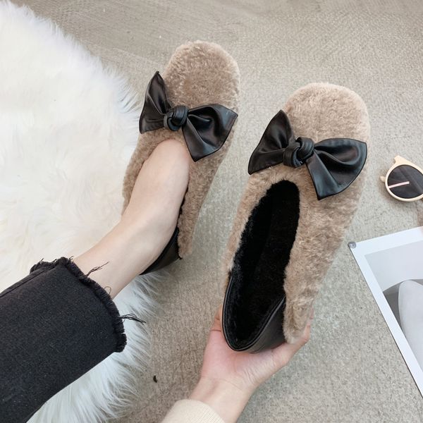 loafers fur elegant bow-knot round toe moccasin shoes all-match women shallow mouth flats 2019 fashion women's autumn casual, Black