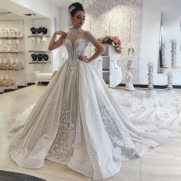 sparkly sequined high neck tassels a-line wedding dress luxury arabic crystal beaded lace appliqued dubai plus size bridal gown, White
sparkly sequined high neck tassels a-line wedding dress luxury arabic crystal beaded lace appliqued dubai plus size bridal gown, White