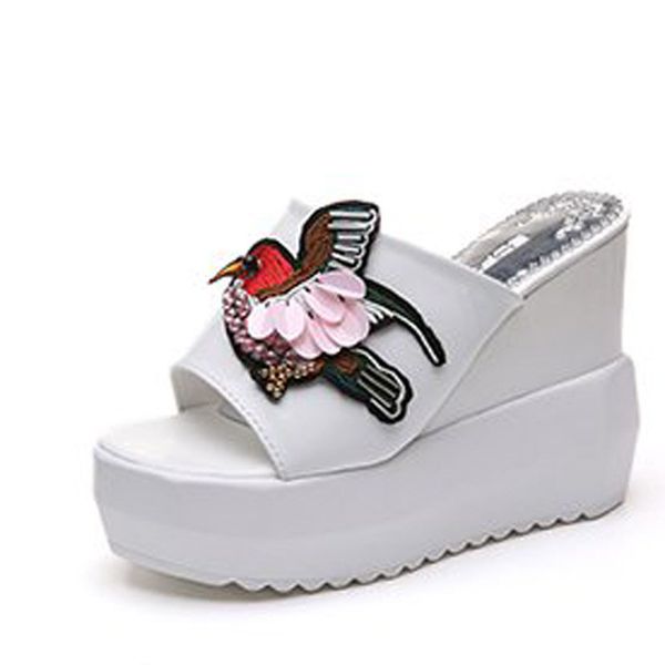 2019 summer embroidery wedge high platform slippers ladies high heel slippers casual lovely thick slope slipper slides sandals for women, Black