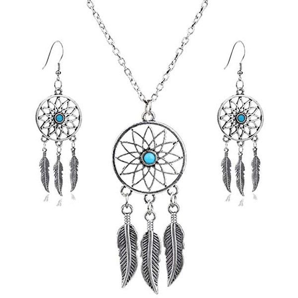 bohemian 3pcs women retro silver turquoise feather dream catcher pendant necklace drop dangle earrings jewelry set girls friend gift b987f
bohemian 3pcs women retro silver turquoise feather dream catcher pendant necklace drop dangle earrings jewelry set girls friend gift b987f