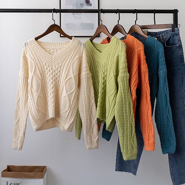 women vintage v neck twist plaid thick sweater korean style ladies knitted loose pullover jumpers autumn winter pull femme q9298, White;black
women vintage v neck twist plaid thick sweater korean style ladies knitted loose pullover jumpers autumn winter pull femme q9298, White;black