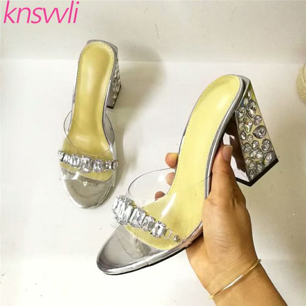 crystal studded heel slippers women clear pvc peep toe party shoes rhinestone chunky high heel zapatos mujer, Black