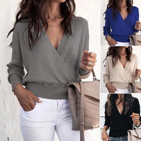 2020 women solid color v neck cross daily wear in cold weather long sleeve pullover knitted sweater top, White;black
2020 women solid color v neck cross daily wear in cold weather long sleeve pullover knitted sweater top, White;black