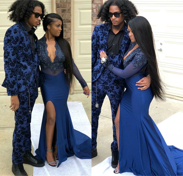 2019 mermaid prom dresses lace appliqued v neck side split south africa formal evening dress sweep train special occasion party gown, Black
2019 mermaid prom dresses lace appliqued v neck side split south africa formal evening dress sweep train special occasion party gown, Black