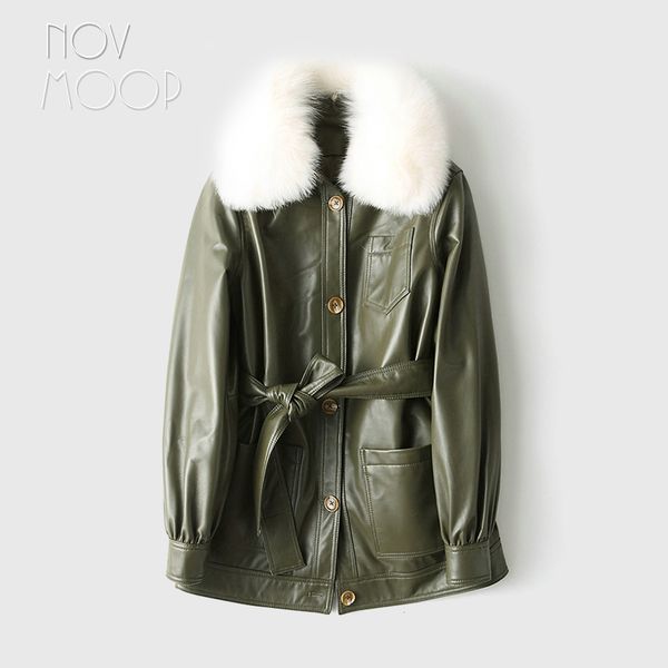 novmoop vintage green style liner detachable fur collar sheepskin genuine leather jacket with sash campera mujer lt2799, Black
novmoop vintage green style liner detachable fur collar sheepskin genuine leather jacket with sash campera mujer lt2799, Black