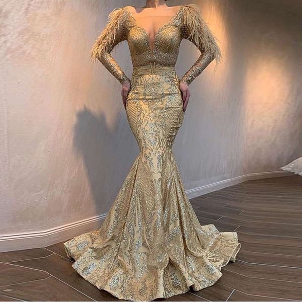 long sleeves v neck gold glitter mermaid evening dresses with feather saudi arabia dubai moroccan formal prom party gowns, Black;red
long sleeves v neck gold glitter mermaid evening dresses with feather saudi arabia dubai moroccan formal prom party gowns, Black;red