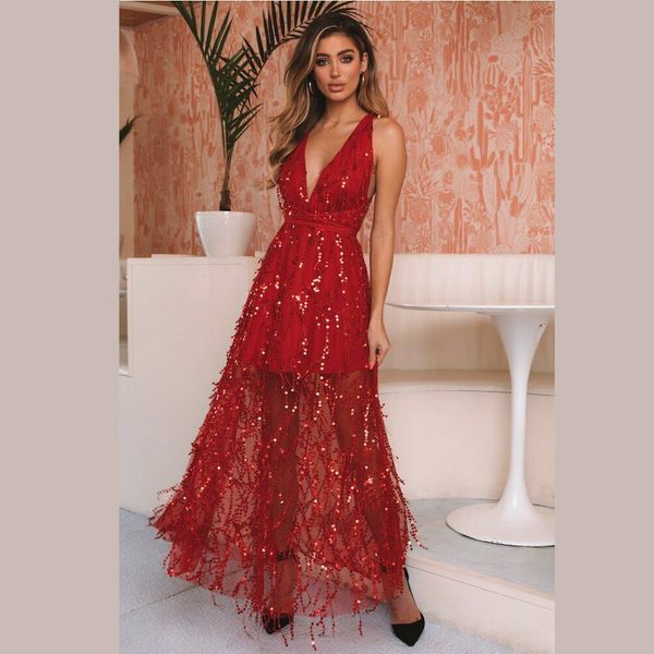 

New 2020 Fashion Women's Dress Explosion Models In Europe and America Women's Sexy V-neck Halter Dress Fringed Sequined Nightclub Dress