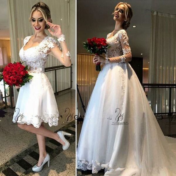 2019 fashion two pieces detachable train beach short wedding dresses with long sleeve scoop knee-length bridal wedding gown 293, White
2019 fashion two pieces detachable train beach short wedding dresses with long sleeve scoop knee-length bridal wedding gown 293, White