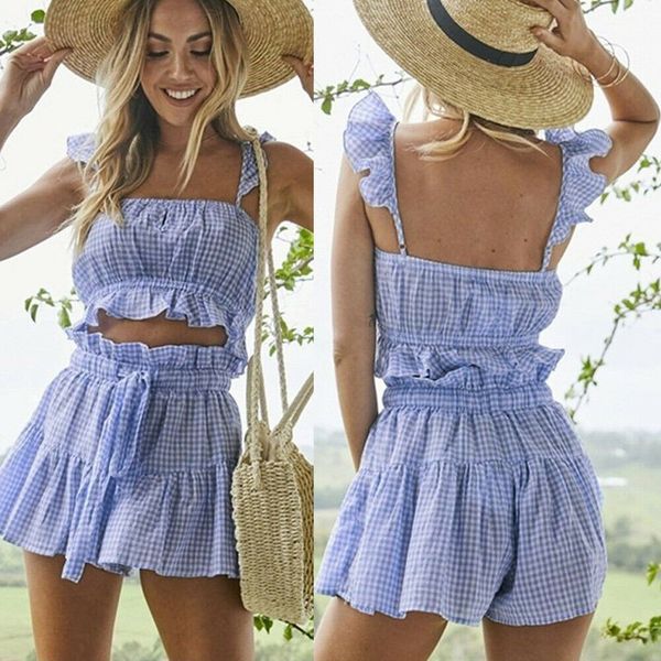 2019 women clothes set summer sleeveless blue striped crop shorts ladies casual holiday party beach plaid suit, White
2019 women clothes set summer sleeveless blue striped crop shorts ladies casual holiday party beach plaid suit, White