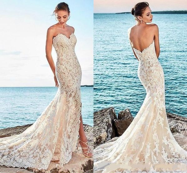 new arrival luxury beach mermaid wedding dresses sweetheart lace appliques open back front split sweep train plus size bridal gowns, White
new arrival luxury beach mermaid wedding dresses sweetheart lace appliques open back front split sweep train plus size bridal gowns, White