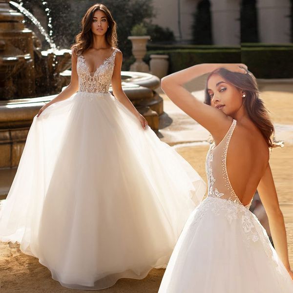 backless wedding dresses vestido de noiva deep v neck illlusion lace applique tulle bridal wedding gowns, White
backless wedding dresses vestido de noiva deep v neck illlusion lace applique tulle bridal wedding gowns, White