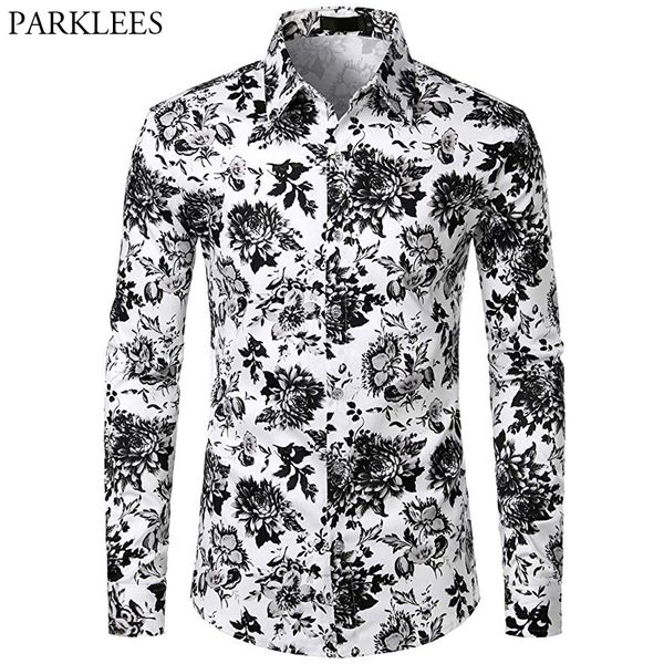 men's casual shirts black and white floral men shirt slim fit flowers for fashion elegant mens long sleeve camisas hombre, White;black
men's casual shirts black and white floral men shirt slim fit flowers for fashion elegant mens long sleeve camisas hombre, White;black