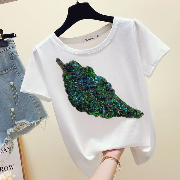 new summer women cotton sequin t shirt fashion cotton female leaf t-shirt camisetas mujer, White
new summer women cotton sequin t shirt fashion cotton female leaf t-shirt camisetas mujer, White