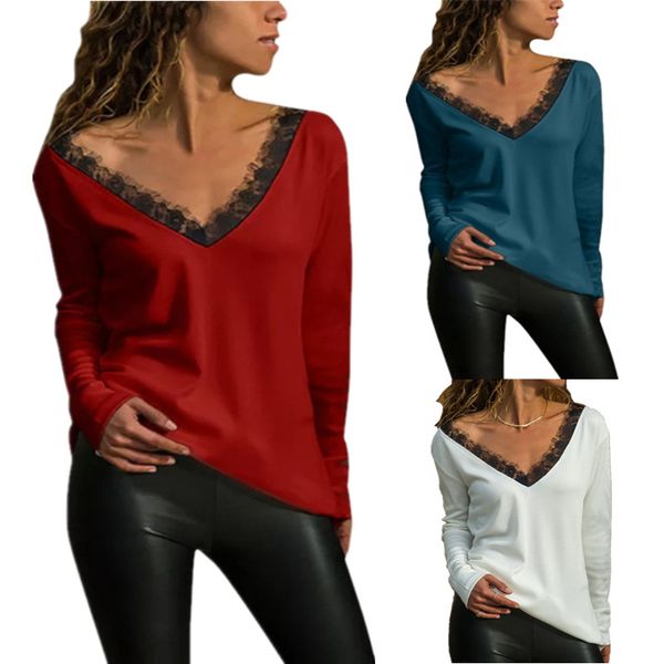 ladies new charming v-neck panelled lace blouse cotton shirt long-sleeved slim solid color female t-shirt, White
ladies new charming v-neck panelled lace blouse cotton shirt long-sleeved slim solid color female t-shirt, White