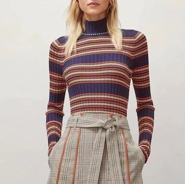 women's sweaters 2021 fall and winter high neck hit the color striped women slim bottoming sweater, White;black
women's sweaters 2021 fall and winter high neck hit the color striped women slim bottoming sweater, White;black