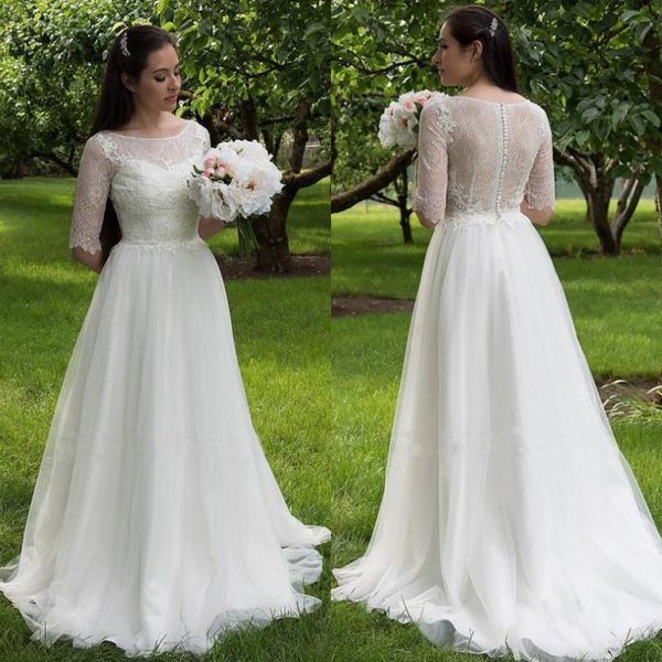charming lace a line wedding dress 1/2 sleeve scoop neck covered button chiffon bridal gown, White
charming lace a line wedding dress 1/2 sleeve scoop neck covered button chiffon bridal gown, White