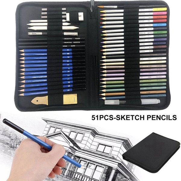 51pcs/set Drawing Kit Wood Pencil Sketching Pencils Art Sketch Painting Supplies With Carrying Bag