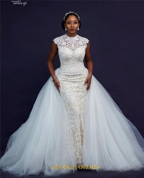 2020 champagne mermaid wedding dresses with detachable train elegant lace appliuqes plus size sweep train bridal gown, White
2020 champagne mermaid wedding dresses with detachable train elegant lace appliuqes plus size sweep train bridal gown, White
